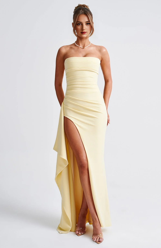 Strapless Ruched Thigh high split Exquisite Dresses Bridesmaid Dresses Wedding Guests Dresses