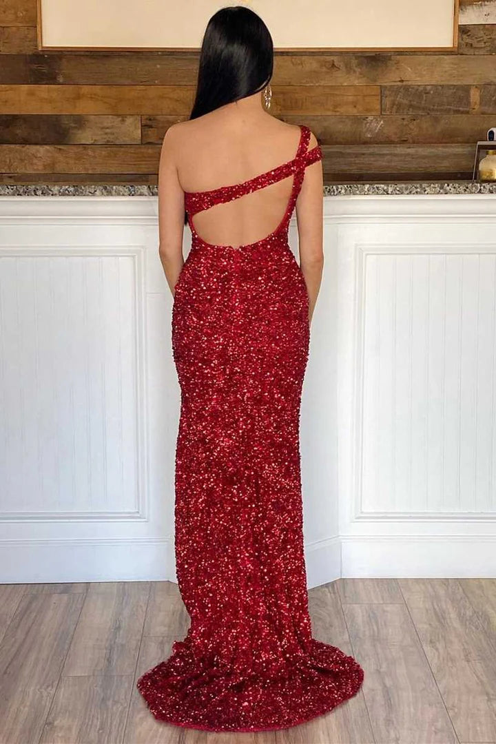 Sequin One-Shoulder Cutout Backless Mermaid Long Prom Dress