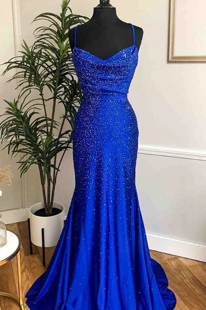 Beaded Cowl Neck Mermaid Long Prom Dress