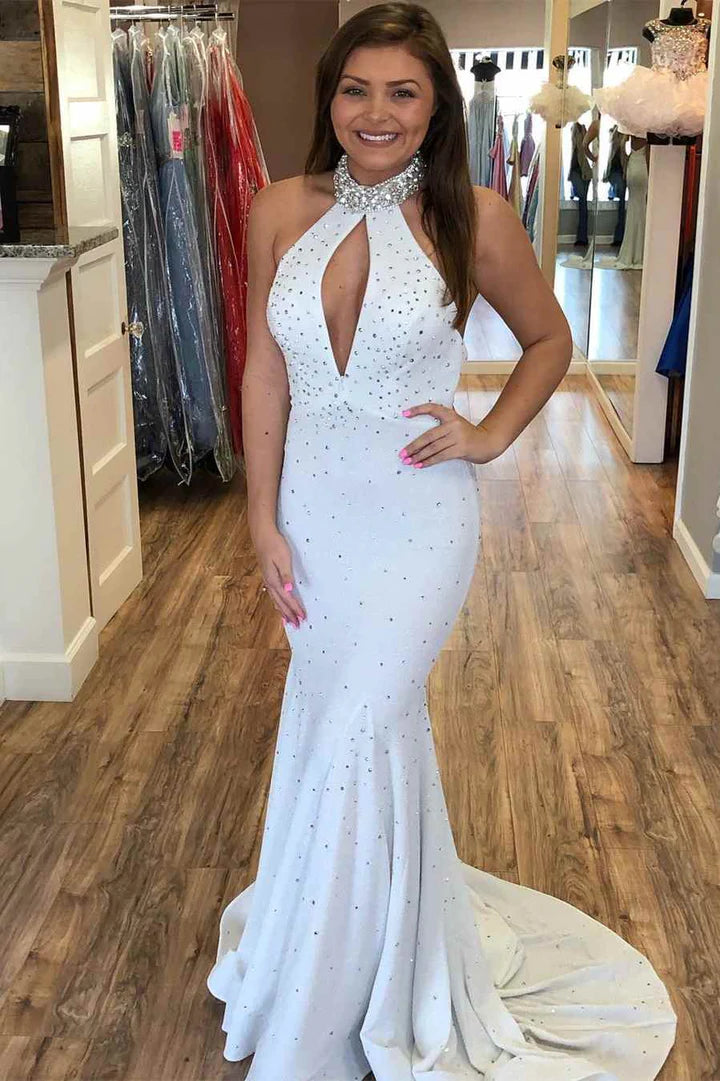 Beaded Halter Keyhole Mermaid Long Formal Dress