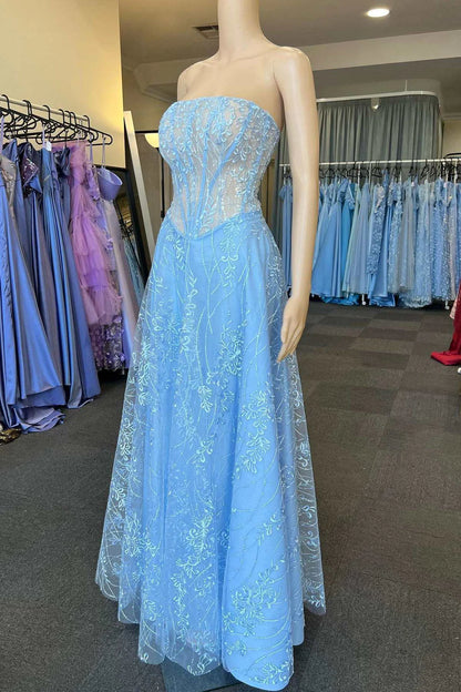 Lace Strapless A-Line Long Prom Dress