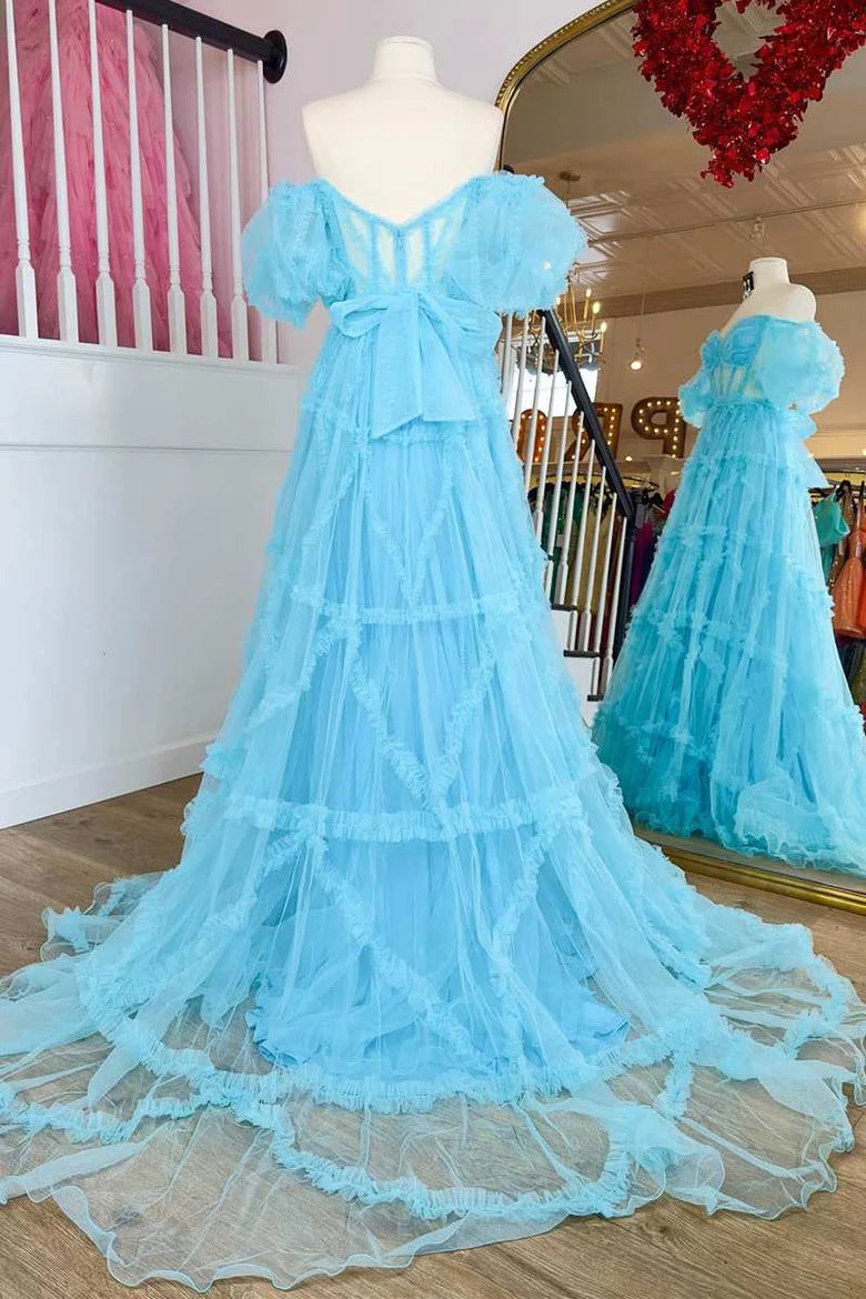 Sheer Corset Ruffles A-Line Prom Dress with Puff Sleeves