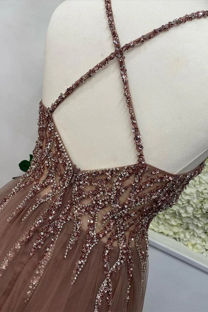 Tulle V-Neck Backless Beaded Long Prom Dress