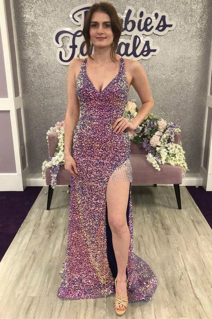 Sequin V-Neck Fringe Mermaid Long Prom Dress