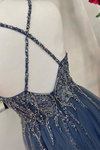Tulle V-Neck Backless Beaded Long Prom Dress