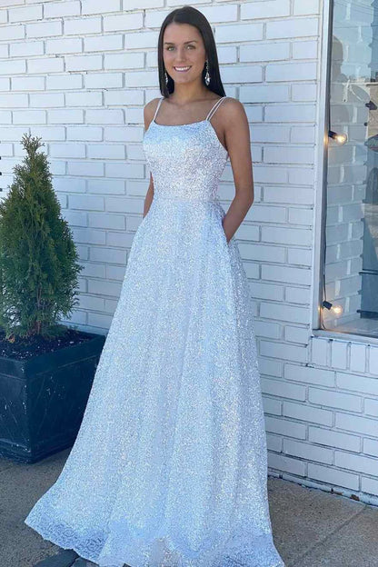 Sequin Straps Lace-Up Back A-Line Prom Dress