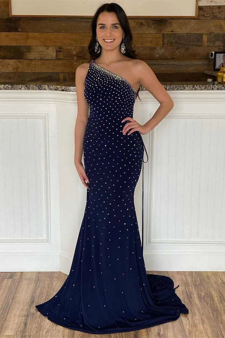 Beaded One-Shoulder Lace-Up Mermaid Long Prom Dress