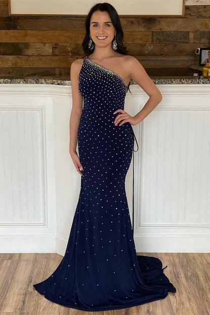 Beaded One-Shoulder Lace-Up Mermaid Long Prom Dress