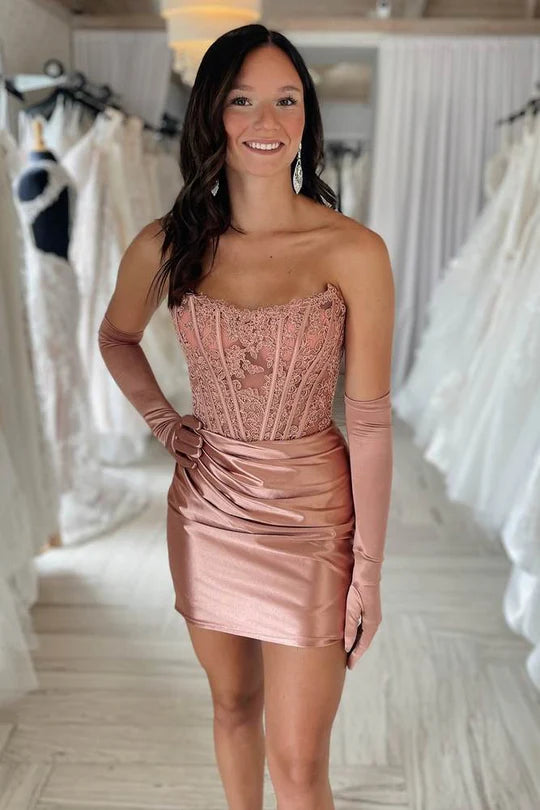 Lace Satin Strapless Short Dress with Gloves