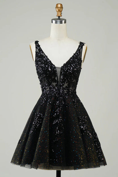 Glitter Applique V-Neck A-Line Homecoming Dress