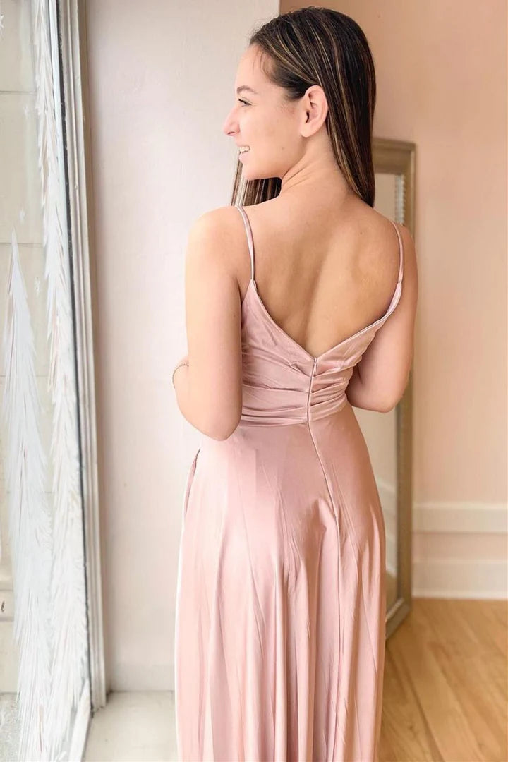 Blush Pink V-Neck Satin Straps Backless Pleats Bridesmaid Dress