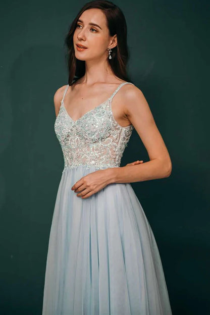 V-neckline Beaded Tulle Prom Gown