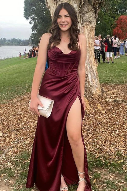 Cowl Neck Ruched Lace-Up Long Prom Dress with Slit