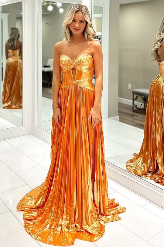 My Hers Ladies Formal Dress Cute A Line Sweetheart Strapless Pleat Satin Long With Slit Exquisite Prom Dress