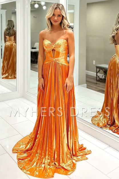 My Hers Ladies Formal Dress Cute A Line Sweetheart Strapless Pleat Satin Long With Slit Exquisite Prom Dress