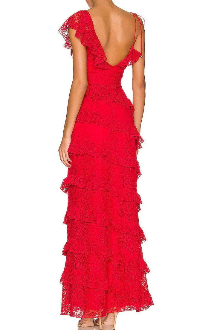 Christmas Dress Lace Long Prom Dress Tiered Backless Evening Dresses Fall November Wedding Guest Dress