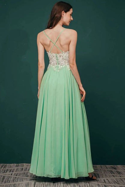 A-line Lace Applique Chiffon Long Prom Dress