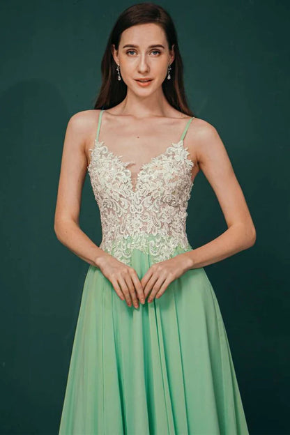 A-line Lace Applique Chiffon Long Prom Dress