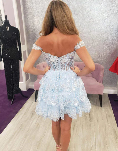 Black Off the Shoulder A Line Corset Homecoming Dress