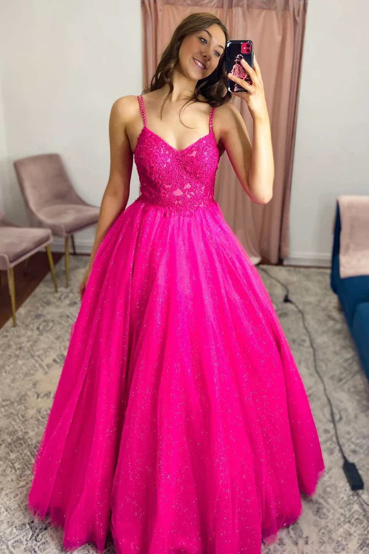 Tulle Lace V-Neck A-Line Long Prom Dress