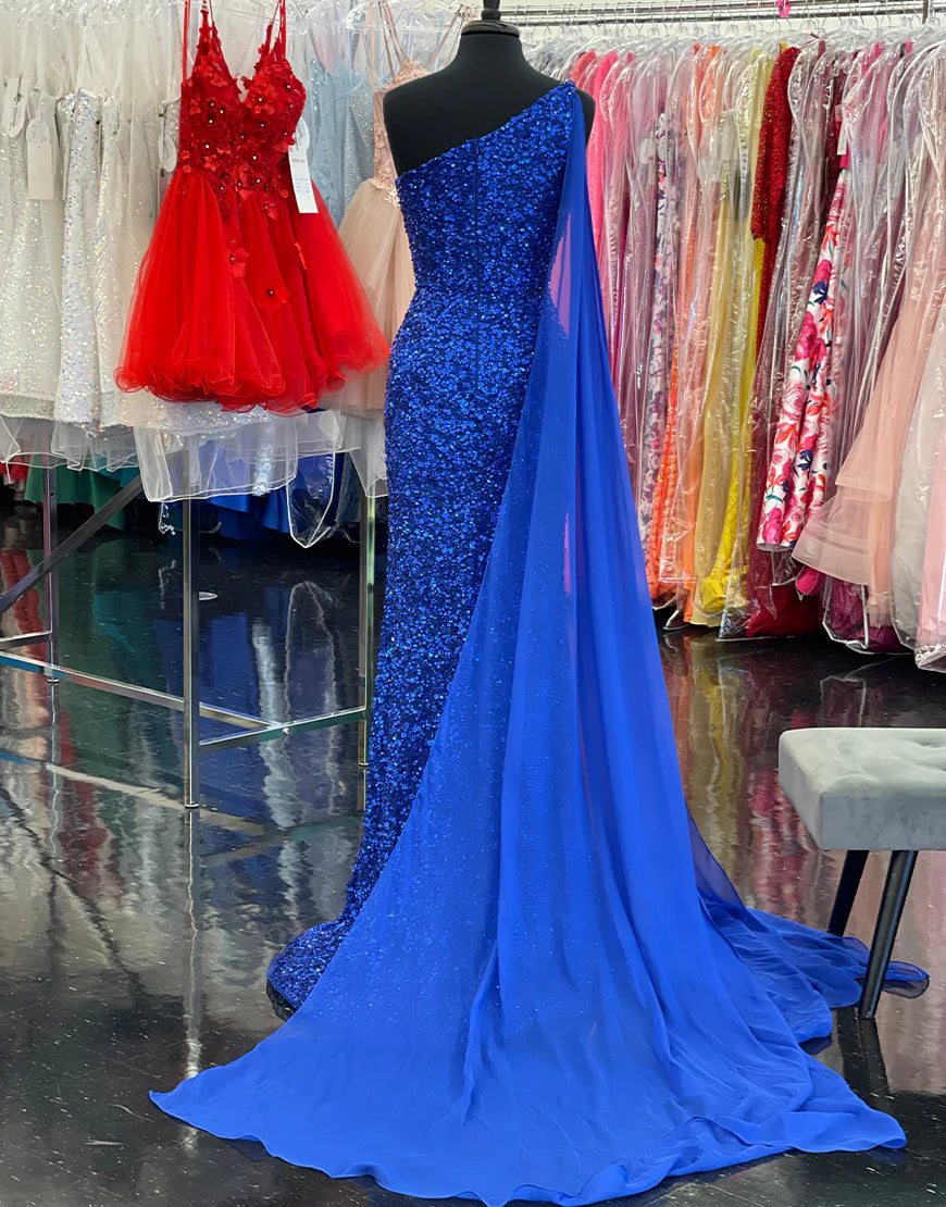 One Shoulder Sequin Prom Dress with Floating Sleeves