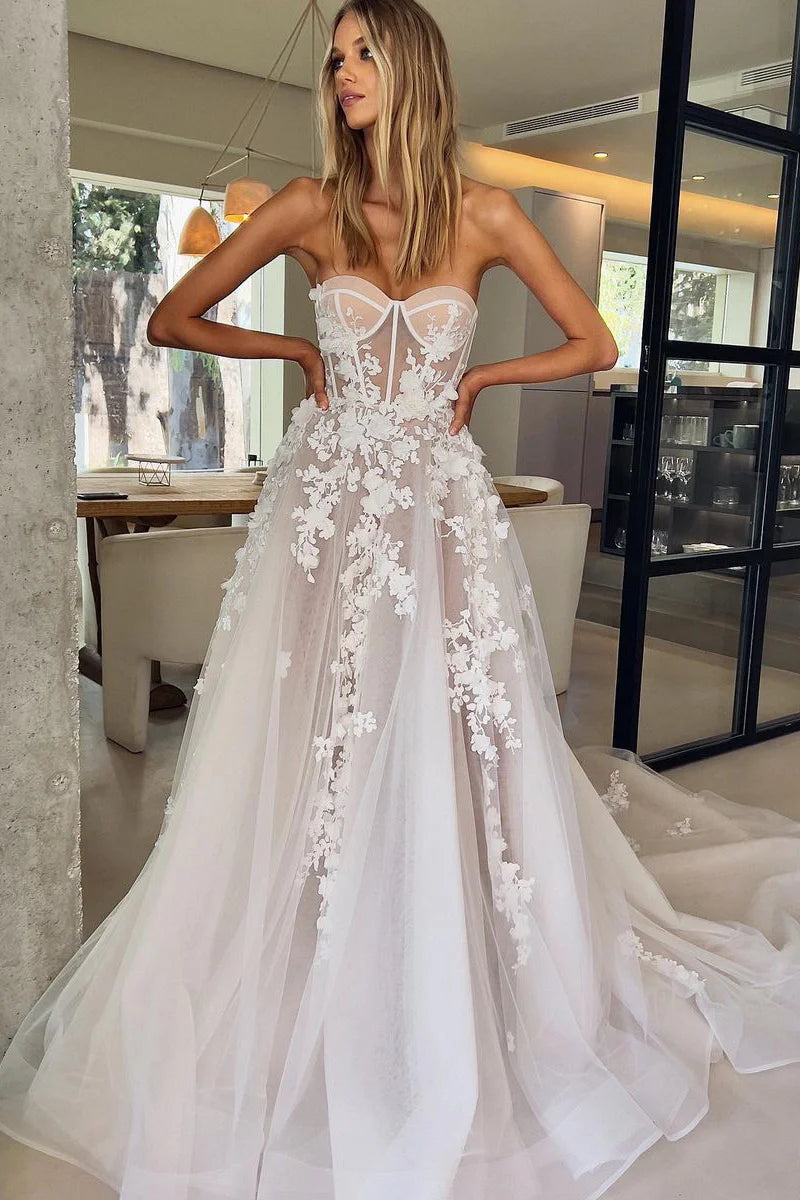 Fairy A Line Off-the-Shoulder Sweetheart Tulle Wedding Dresses with Appliques