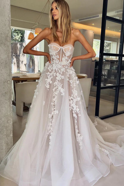 Fairy A Line Off-the-Shoulder Sweetheart Tulle Wedding Dresses with Appliques