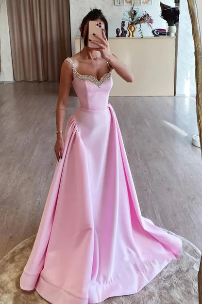 A Line Pink Satin Long Prom Dresses with Beadings