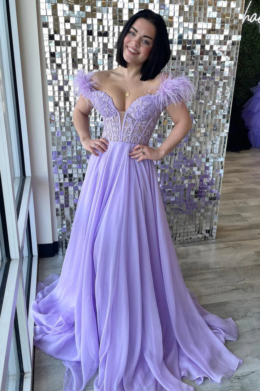 Applique Feather Off-the-Shoulder A-Line Long Prom Dress