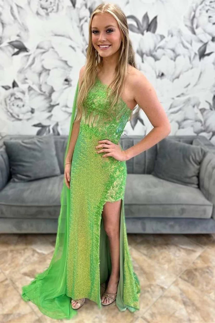 Sequin Lace One-Shoulder Long Formal Dress with Attached Train