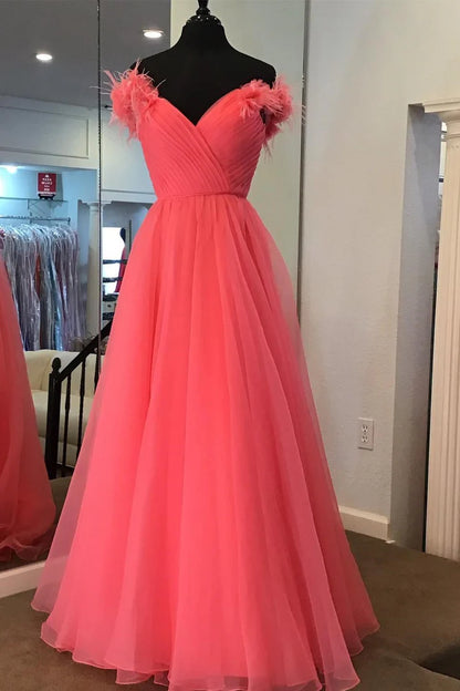 Princess Off-the-Shoulder Feather A-line Prom Dress