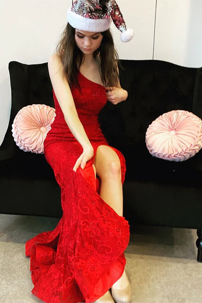 Lace Appliqués One-Shoulder Long Formal Dress