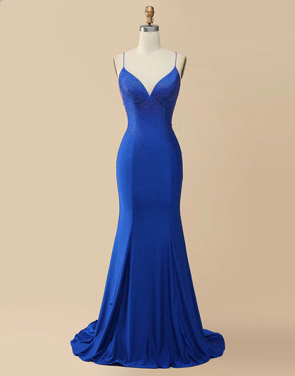 V-neck Beaded Mermaid Long Prom Dress
