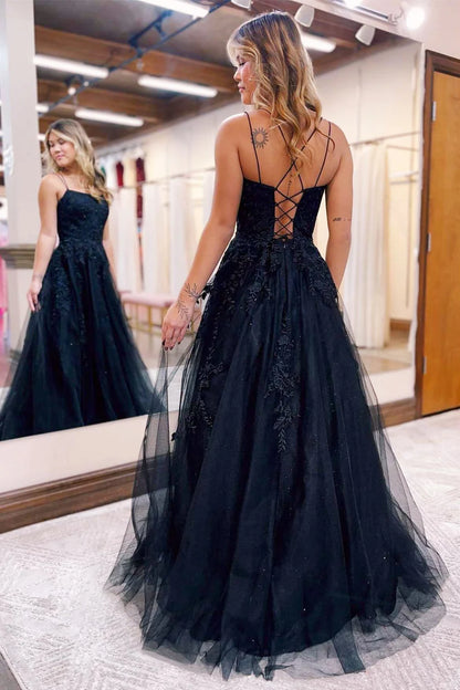Applique Lace-Up Back A-Line Prom Dress