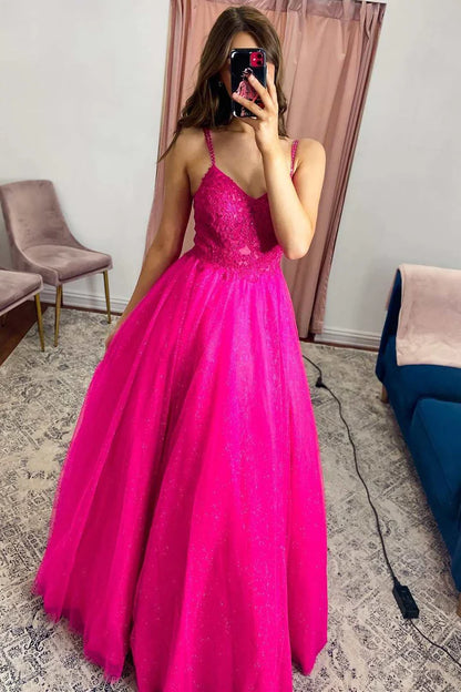 Tulle Lace V-Neck A-Line Long Prom Dress