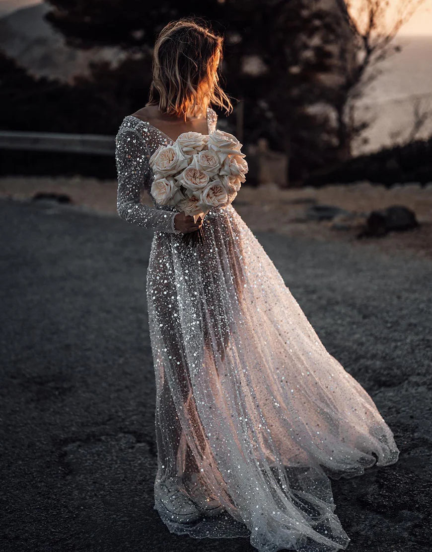 Sequin Long Sleeve Wedding Dress