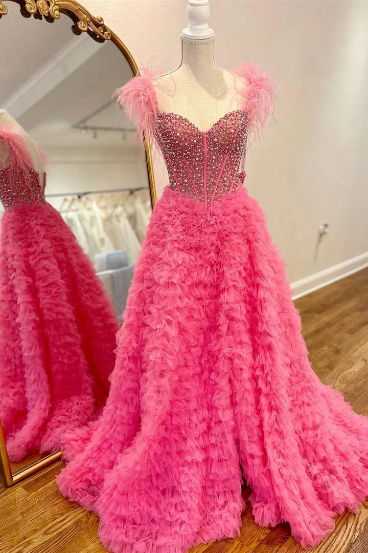 Beaded Feather Off-the-Shoulder Tiered Long Prom Dress with Ruffles