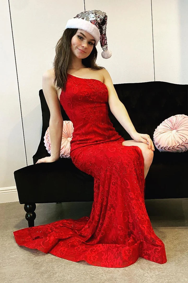 Lace Appliqués One-Shoulder Long Formal Dress