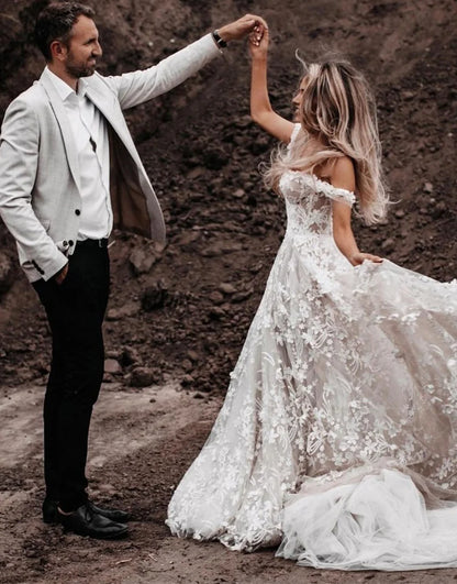 Off the Shoulder Lace Boho Wedding Dress