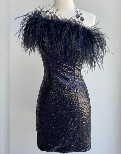 Sequin Homecoming Dress with Feather