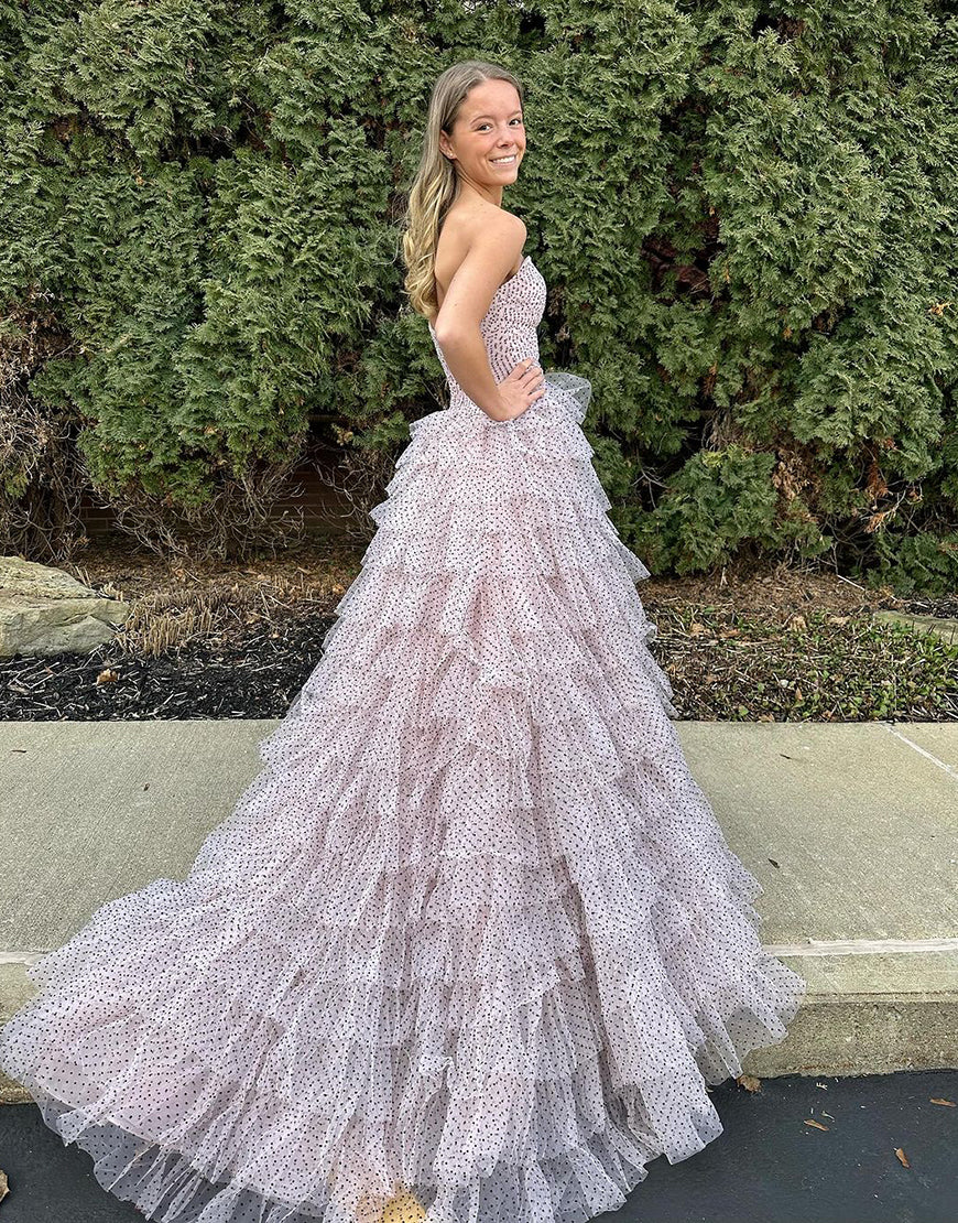A Line Strapless Keyholes Ruffle Tiered Prom Dress With Slit