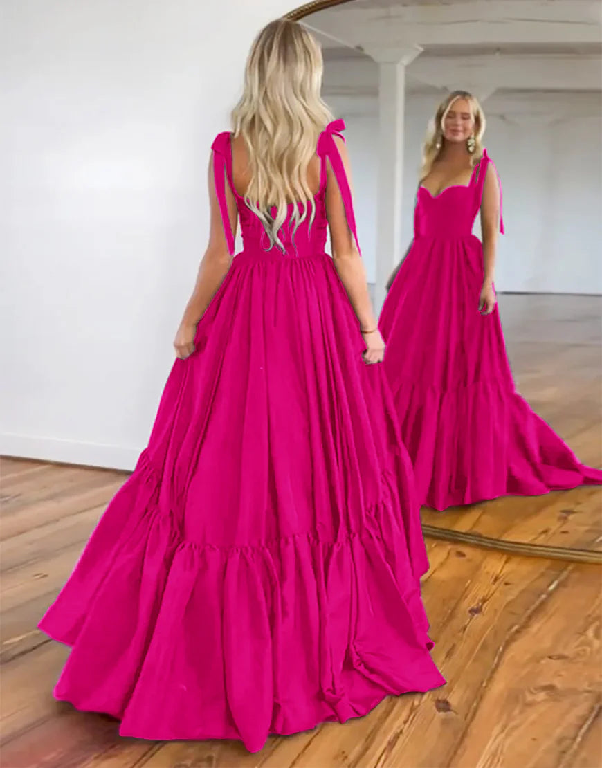 Sweet Black Princess A-Line Tie Straps Long Satin Prom Dress