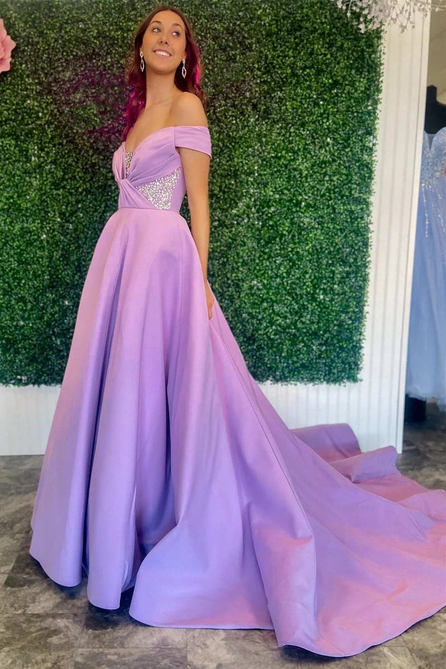 Beaded Twist-Front Off-the-Shoulder Long Prom Dress