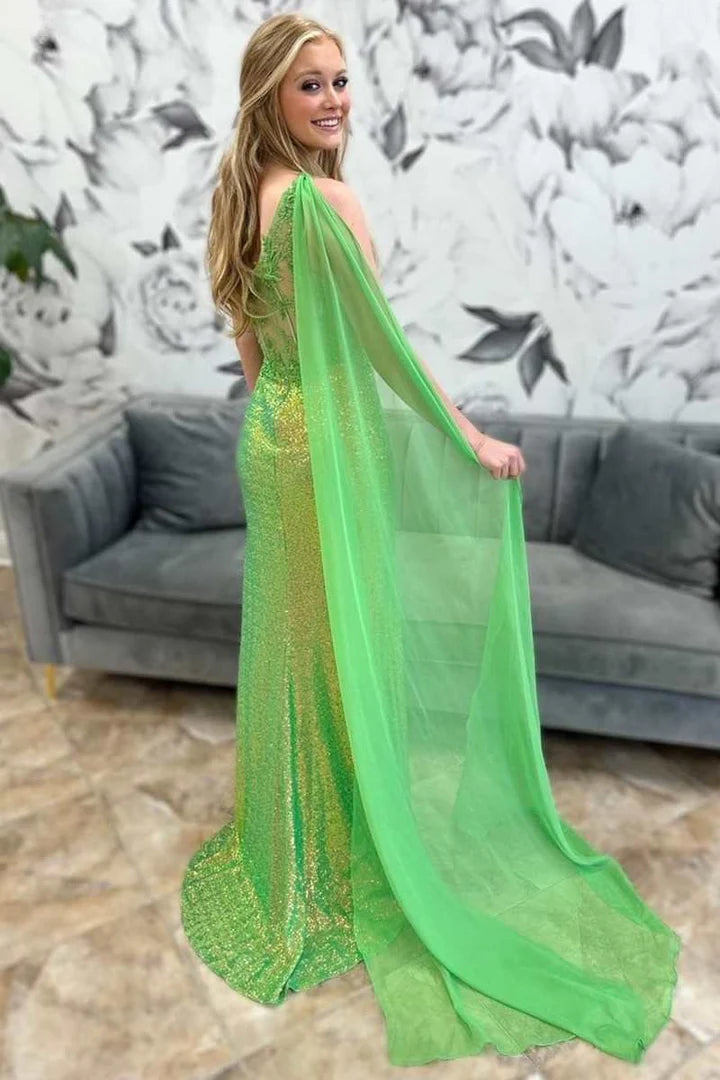 Sequin Lace One-Shoulder Long Formal Dress with Attached Train