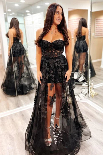 Sheer Mesh 3D Floral Lace Strapless A-Line Prom Dress