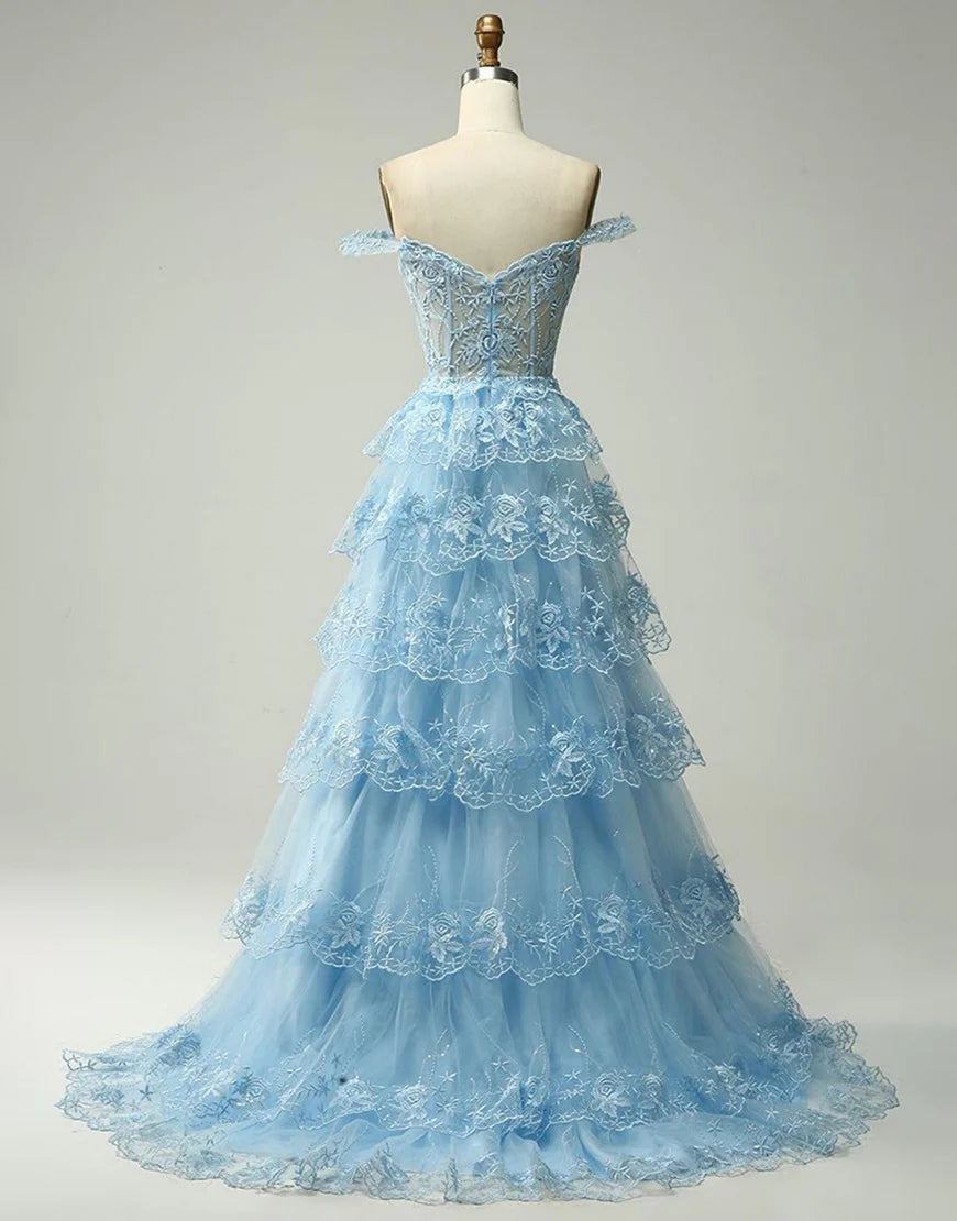 Sky Blue A-Line V Neck Tiered Long Prom Dress With Slit