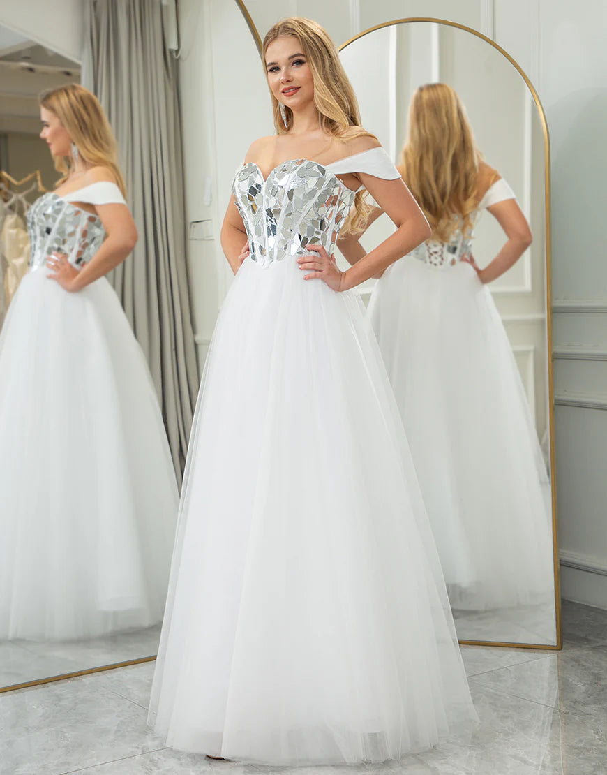 A Line Off the Shoulder Long Mirror Prom Dress