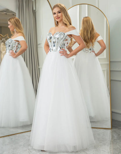A Line Off the Shoulder Long Mirror Prom Dress