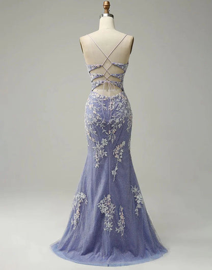 Mermaid V-neck Tulle Glitter Appliques Prom Dresses With Slit