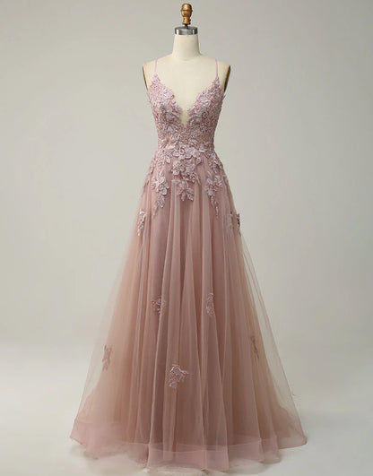 A-Line Tulle Appliques Long Prom Dress With Slit